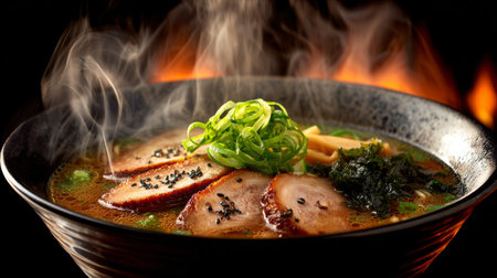 Steaming hot ramen with sliced pork, green onion, seaweed, bamboo shoot, and sesame seed in black bowl, savory and appetizingの素材
