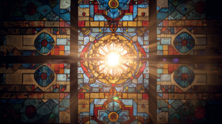Stained glass window sunlight colorful geometric symmetrical ornate blue red yellow spiritual churchの素材