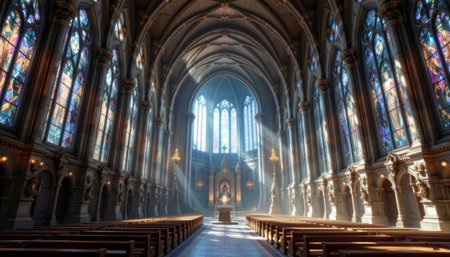 Gothic cathedral interior with stained glass window, vaulted ceiling, sunlight, empty pew, spiritual, peaceful atmosphereの素材