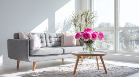 Bright living room grey sofa pink cushion glass vase pink flower wooden coffee table white rug sunlight modern cozyの素材