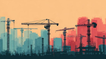 Construction crane cityscape silhouette urban building skyline industrial development architecture progress vibrantの素材
