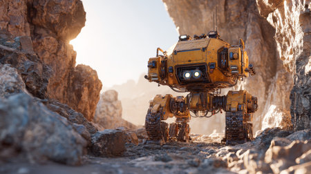 Robot yellow machine rocky terrain sunlight futuristic technology outdoor mechanical yellow robot stands rocky terrain sunlight evoking senseの素材