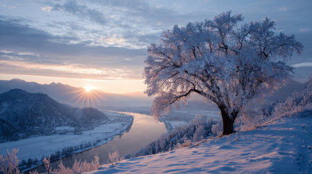 Frosty tree winter landscape river sunrise snow mountain cold scenic tranquil serene morning viewの素材