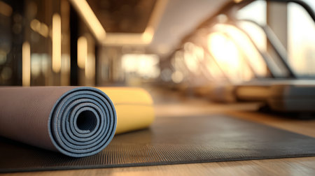 Rolled yoga mat, exercise mat, and treadmill in modern gym with warm sunlight, fitness and wellness atmosphereの素材