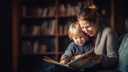 Mother and child reading book together, cozy home atmosphere, joyful bonding, warm light, family love, learning, happinessの素材