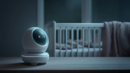 Smart baby monitor night nursery crib technology modern safety glowing digital parenting. calm secure atmosphere for infantsの素材
