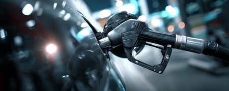 Gasoline fuel pump car station refueling transportation energy vehicle nozzle car being refueled gas station with fuel nozzle inserted reflectingの素材