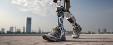 Prosthetic leg technology walking outdoor city modern artificial limb mobility innovation independence confidence pavement urban sky cloud shoeの素材