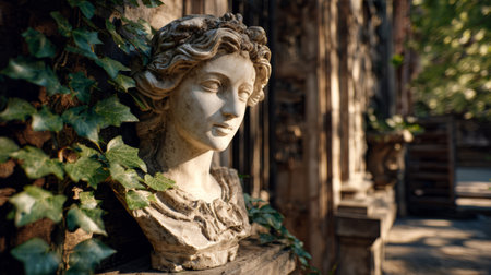 Classical sculpture stone bust ivy antique serene outdoor sunlight garden art architecture. classical stone bust with serene expression surroundedの素材