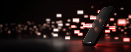 Smartphone black glowing notification technology digital communication modern illuminated background. sleek black smartphone with glowingの素材