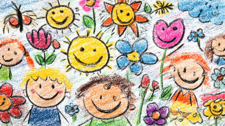 Children sun flower smile crayon drawing colorful happy outdoor spring create joyful scene with children sun and flowers colorful crayon drawingの素材