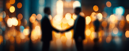 Two businessperson handshake agreement partnership silhouette blurred city night teamwork success with warm bokeh lights in backgroundの素材