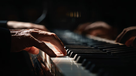 Hand piano keyboard music playing closeup dark reflection classical performanceの素材