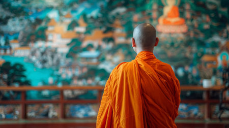 Buddhist monk orange robe meditation peaceful spiritual temple mural culture tradition Asia calmの素材