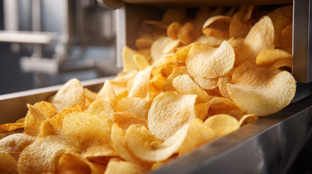 Crispy potato chip golden snack salty fresh delicious food factory production line closeup appetizingの素材