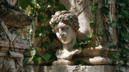 Ancient marble sculpture head surrounded by green ivy, weathered stone, classical art, tranquil outdoor garden settingの素材