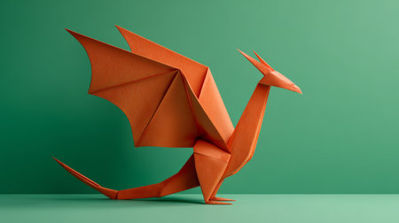 Orange origami dragon with detailed wings and tail, mythical creature on green background, creative and playful atmosphereの素材