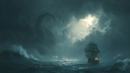 Mysterious ship sails stormy ocean at night, illuminated by moonlight, as giant sea monster with tentacles emerges from dark cloudsの素材