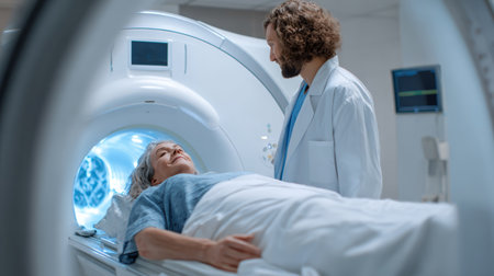 Patient doctor hospital MRI scan medical healthcare machine diagnosis technology Patient lying MRI machine doctor standing nearby hospital settingの素材