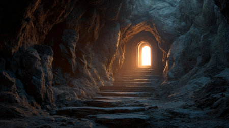 Stone stairway cave arched doorway sunlight ancient mysterious rocky interior dramatic shadowy. sense of wonder fills ancient stone stairwayの素材