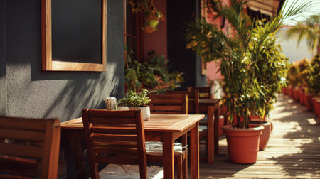 Outdoor wooden table chair potted plant sunlight cozy patio restaurant tropical inviting peaceful atmosphereの素材