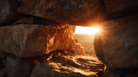 Sunlight shines through gap in rugged stone wall, creating warm, serene atmosphere in natural outdoor settingの素材