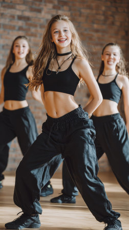 Young women dancing in studio, wearing black crop tops and pants, smiling, energetic, group activity, wooden floor, brick wallの素材