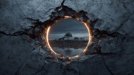 Cracked concrete wall with glowing circular hole reveals tranquil lake and trees under dramatic cloudy sky, mysterious and surreal moodの素材