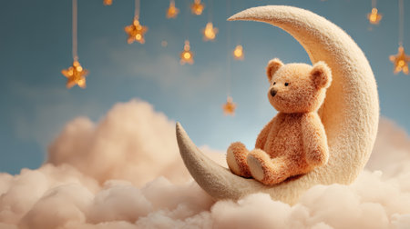 Teddy bear crescent moon cloud star dreamy night soft cute sky childhood plush fantasy magical peaceful gentle whimsical nursery sleep cozy lightの素材