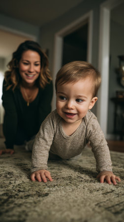 Smiling baby crawling on carpet with happy woman in background, cozy home interior, warm natural lightの素材