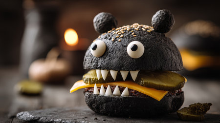 Black burger bun cheese pickles monster face creative Halloween fun food sesame teethの素材