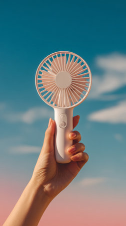 Hand portable fan sky summer cooling outdoor blue white plastic relaxation hand holding portable fan against blue sky evoking refreshing summerの素材