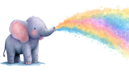 Cute baby elephant with pink ears joyfully sprays colorful rainbow from its trunk, standing on blue puddle, white backgroundの素材