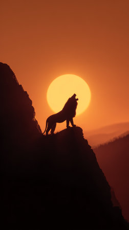 Silhouette wolf howling on mountain peak at sunset, dramatic orange sky, wild nature, peaceful and majestic moodの素材