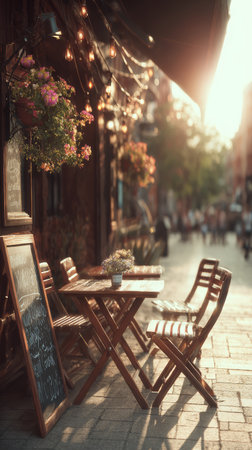 Outdoor cafe table wooden chair sunlight flower pot chalkboard cozy street warm inviting urbanの素材
