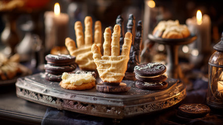 Hand shaped cookie chocolate sandwich cookie candle dessert spooky Halloween party sweet creative table Hand shaped cookie and chocolate sandwichの素材