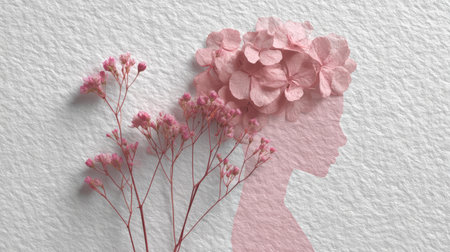 Silhouette woman flower pink paper texture floral feminine delicate art. Silhouette of woman with pink flowers and textured paper backgroundの素材