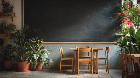 Wooden table chair blackboard indoor plant flower natural light cozy classroom education. peaceful classroom with wooden furniture lush greenの素材