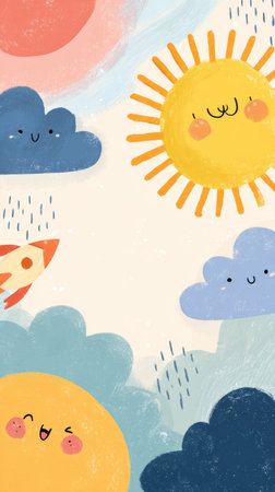 Cheerful sun smiling cloud blue sky cartoon rain rocket cute child illustration playfulの素材