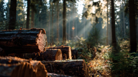 Cut log forest sunlight tree wood nature outdoor morning environment landscape Sunlight streaming through tall trees illuminates cut logs tranquilの素材