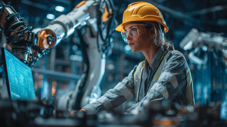 Female engineer safety helmet safety glasses industrial robot factory technology automation focus modern innovationの素材