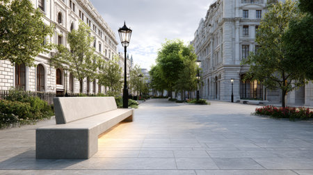 Modern stone bench city street historic architecture green trees urban park peaceful morning empty square sunlight relaxationの素材