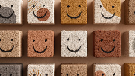 Smiling face square block beige brown tan playful cheerful happy texture arranged in grid pattern joyful moodの素材