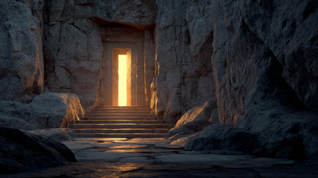 Ancient stone doorway glowing light mysterious cave rocky steps dramatic shadows adventure exploration fantasy solitude silenceの素材