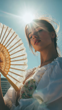 Young woman holding lace fan under bright sunlight, wearing white dress, serene expression, summer outdoor, sun flare effectの素材