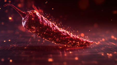 Spicy chili pepper glowing with digital particles, red background, futuristic, hot, vibrant, technology inspired, abstract food artの素材