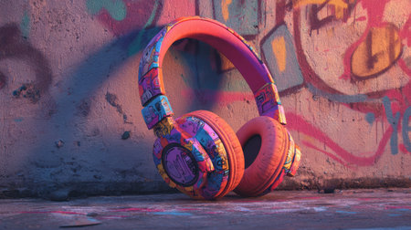 Colorful graffiti headphone, urban street art style, vibrant music accessory, creative design, modern youth culture, energetic moodの素材