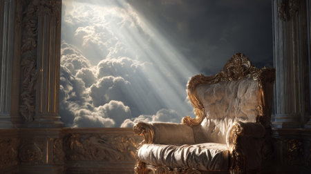Luxurious golden throne illuminated by dramatic sunlight, ornate classical interior, majestic and regal atmosphere, empty royal seatの素材