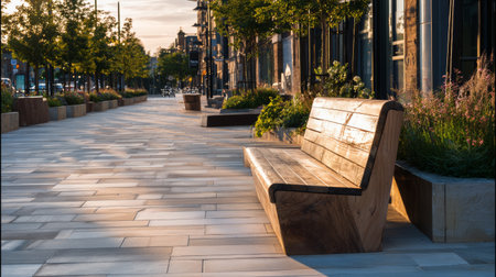 Wooden bench urban sidewalk morning sunlight cityscape modern architecture green plants peaceful atmosphere empty street relaxation outdoorsの素材