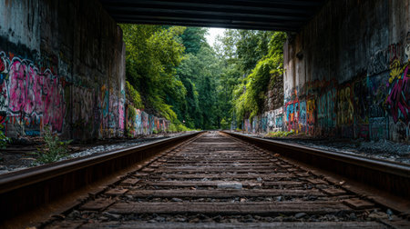 Abandoned railway tunnel graffiti urban nature overgrown perspective steel wood summer moodyの素材